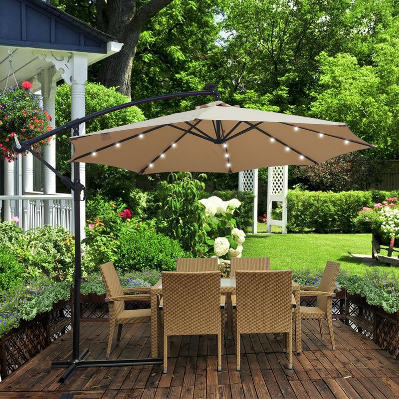 Tan 10 ft Outdoor Patio Umbrella Solar Powered LED Lighted Sun Shade Market Waterproof 8 Ribs Umbrella with Crank and Cross Base for Garden Deck Backyard Pool Shade Outside Deck Swimming Pool - Atlantic Fine Furniture Inc