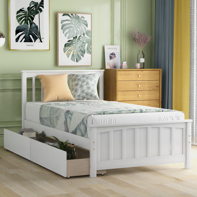 Twin Size Platform Bed With Two Drawers, White