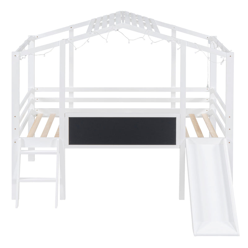 Twin Size Loft Bed With Ladder And Slide, House Bed With Blackboard And Light Strip On The Roof, White