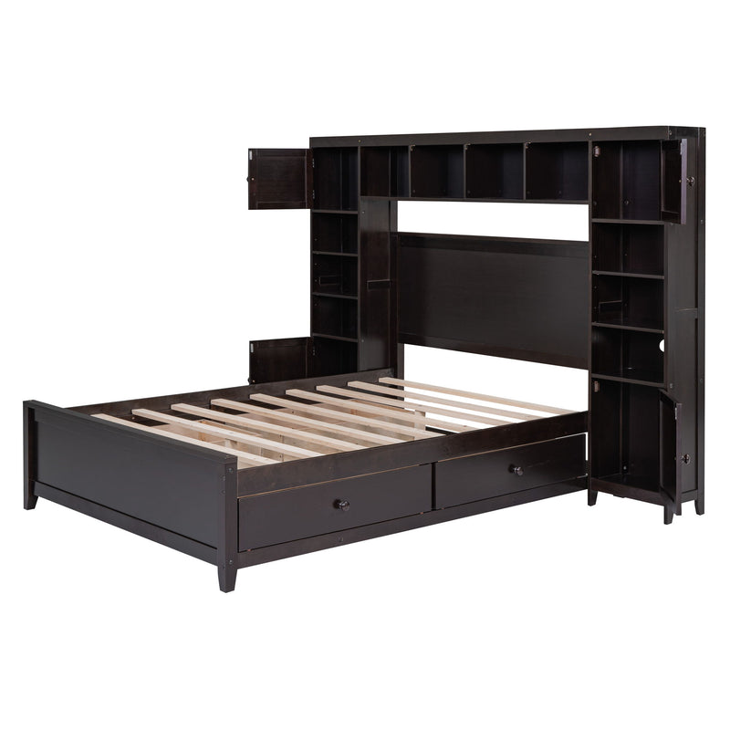 Full Size Wooden Bed With All-In-One Cabinet And Shelf, Espresso