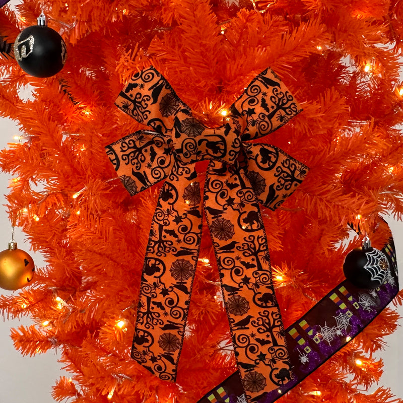 Go 7.5 Ft Orange Upside Down Christmas Tree With 300 Led Warm Lights X-Mas, Halloween-Themed Ornaments And Satin Ribbon