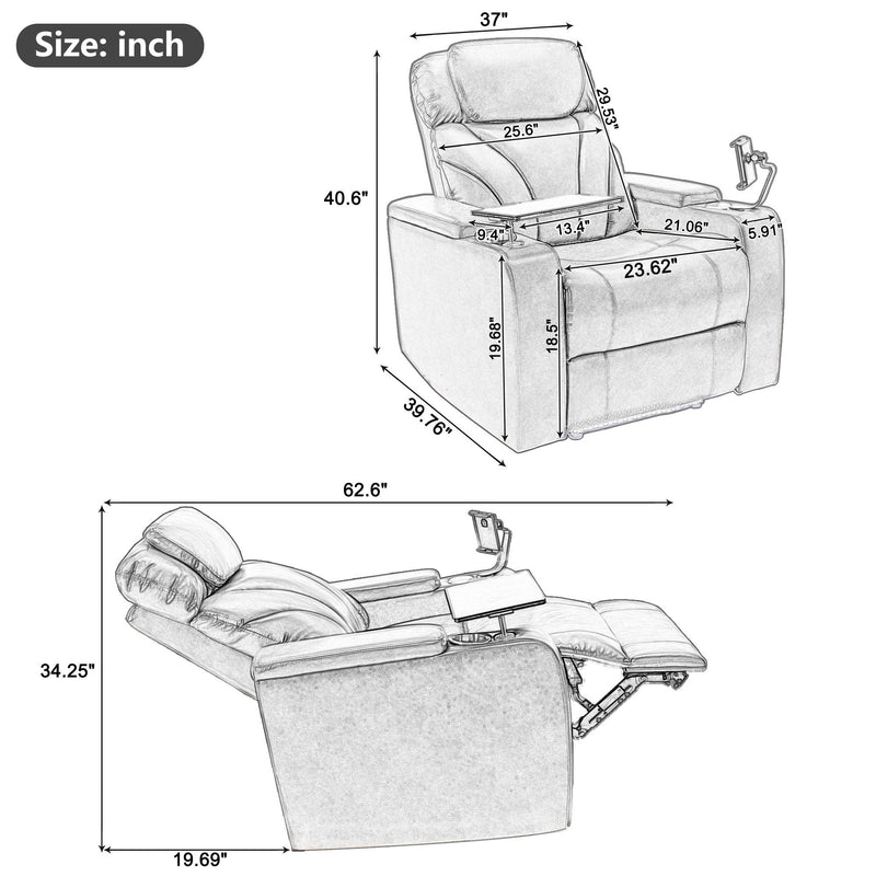 Motion Recliner With USB Charging Port And Hidden Arm Storage, Home Theater Seating With 2 Convenient Cup Holders Design And 360° Swivel Tray Table