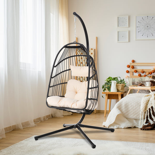 TOPMAX Patio Foldable Swing Chair Porch PE Wicker Egg Hanging Chair Hammock Chair w/Stand and Cushion for Outdoor Balcony Indoor Bedroom, Beige - Atlantic Fine Furniture Inc