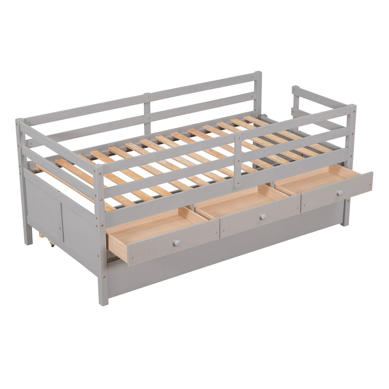 Low Loft Bed Twin Size With Full Safety Fence, Climbing Ladder, Storage Drawers And Trundle Gray Solid Wood Bed