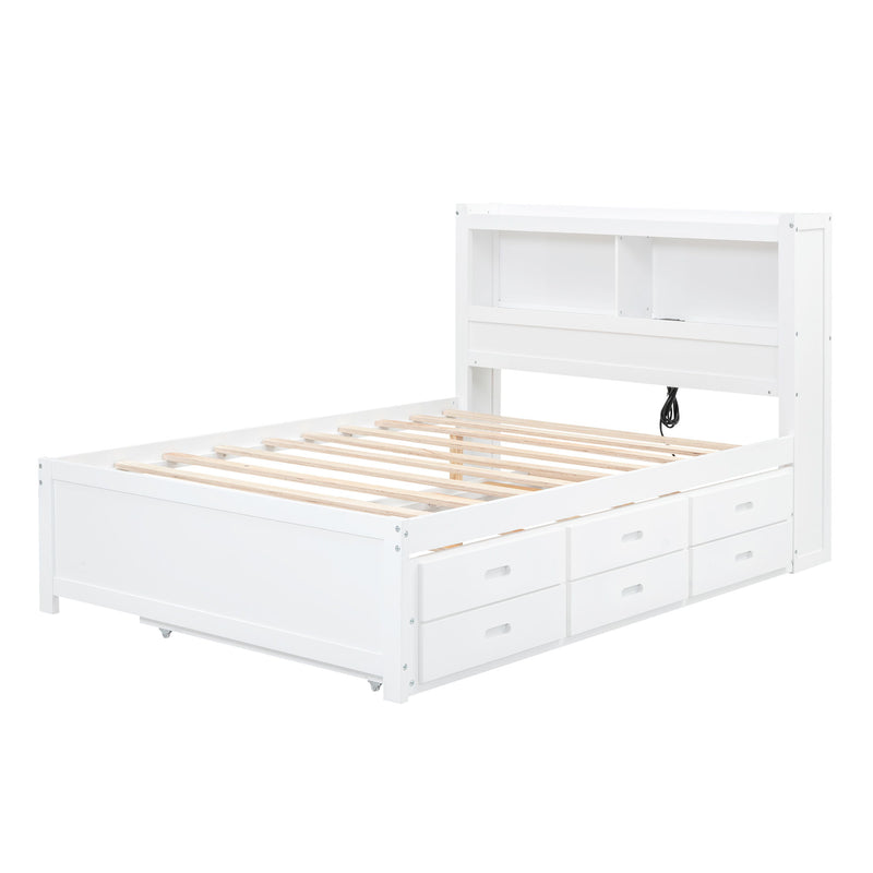 Full Size Platform Bed With Trundle, Drawers And USB Plugs, White