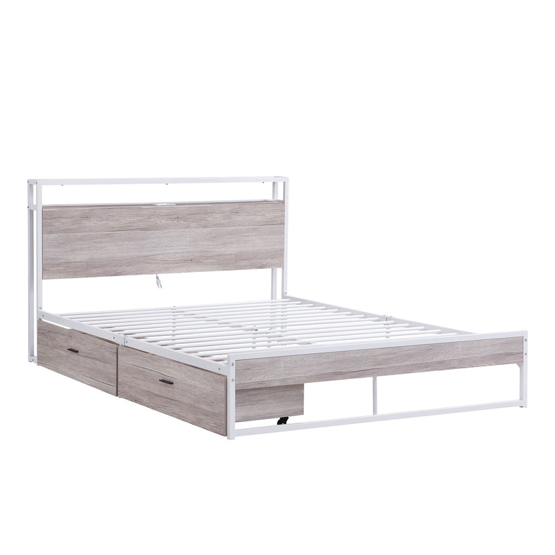 Queen Size Metal Platform Bed Frame With Four Drawers, Sockets And Usb Ports, Slat Support No Box Spring Needed White
