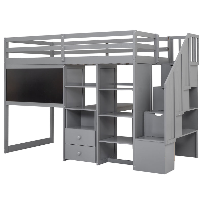 Twin Size Loft Bed With Pullable Desk And Storage Shelves, Staircase And Blackboard, Gray