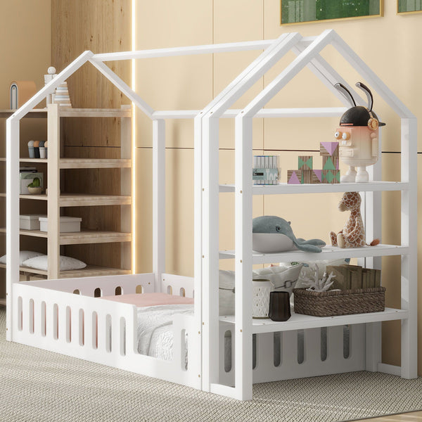 Twin Size Wood House Bed With Fence And Detachable Storage Shelves, White