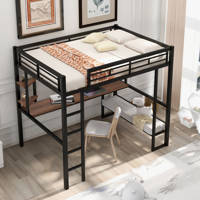 Full Size Loft Metal&Mdf Bed With Long Desk And Shelves, Black