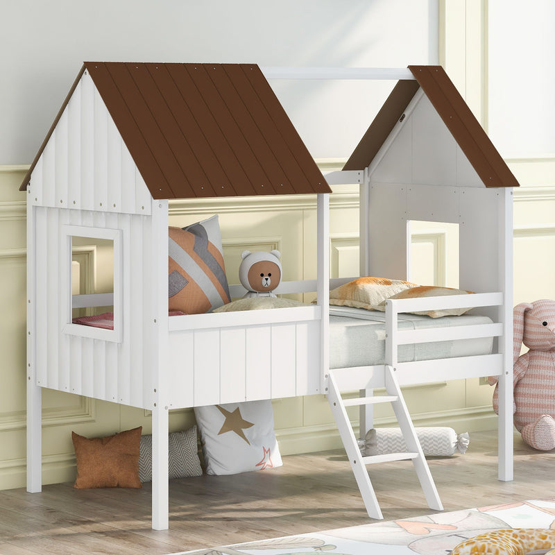 Twin Size Low Loft Wood House Bed With Two Side Windows (White / Brown)