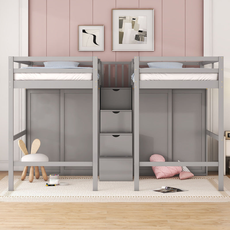Double Twin Loft Beds With Wardrobes And Staircase, Gray