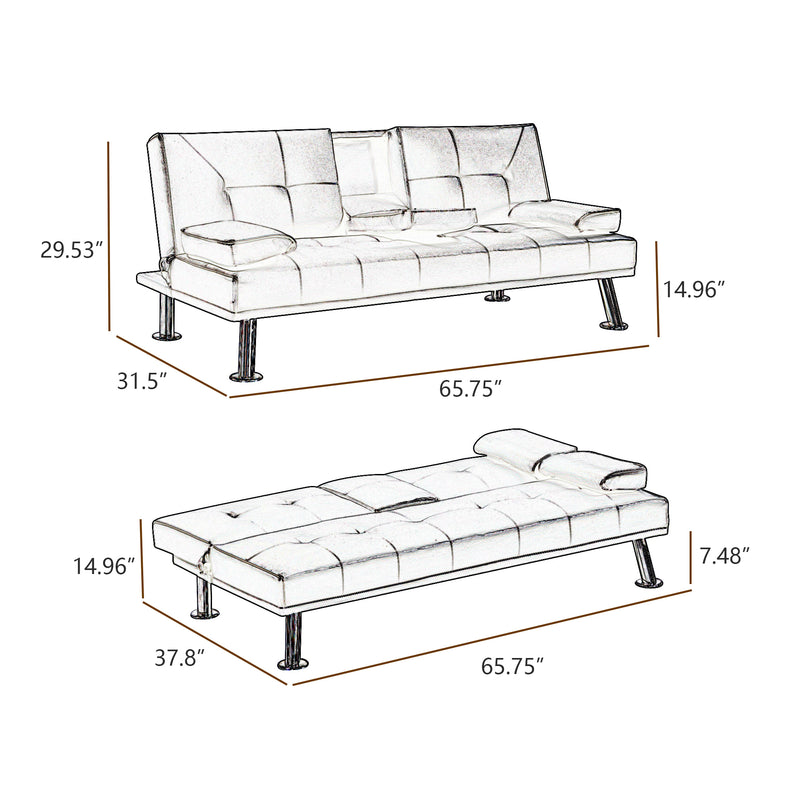 Modern Faux Leather Loveseat Sofa Bed with Cup Holders , Convertible Folding Sleeper Couch Bed .