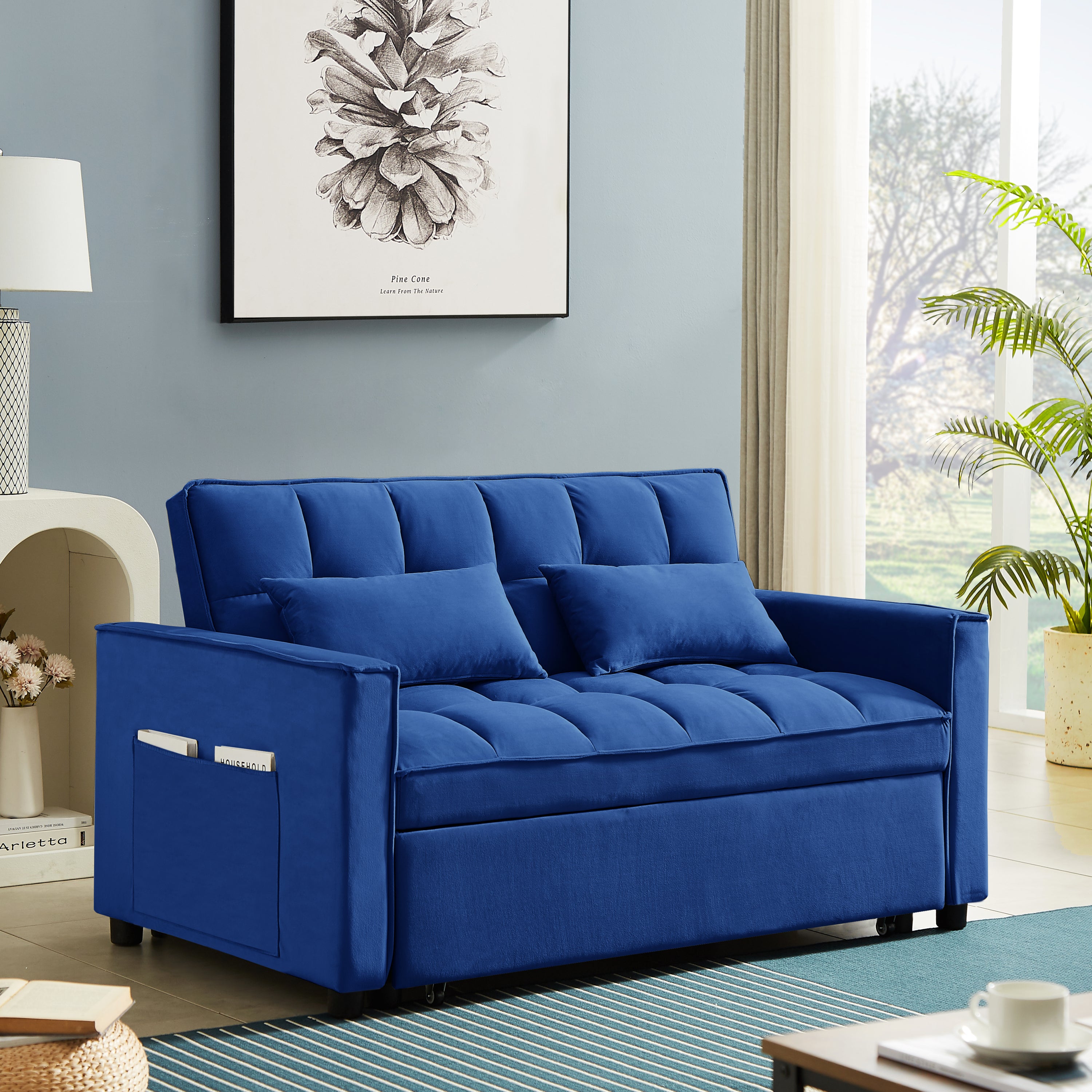 Modern Velvet Convertible Loveseat Sleeper Sofa Couch with Adjustable Backrest, 2 Seater Sofa With Pull-Out Bed with 2 Lumbar Pillows For Small Living Room & Apartment - Atlantic Fine Furniture Inc