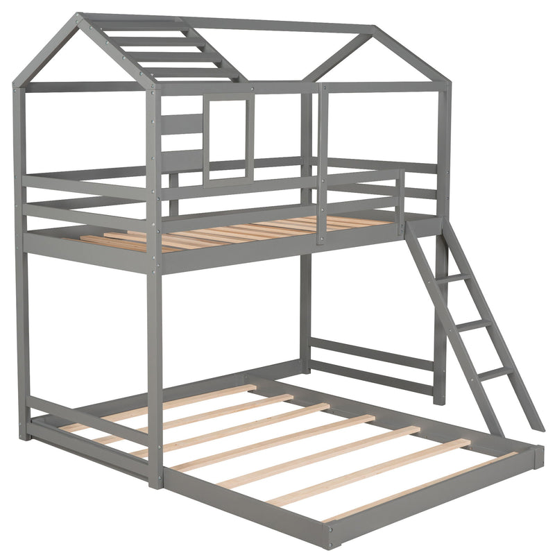 Twin Over Full House Bunk Bed With Ladder And Window, Full-Length Guardrail, Gray