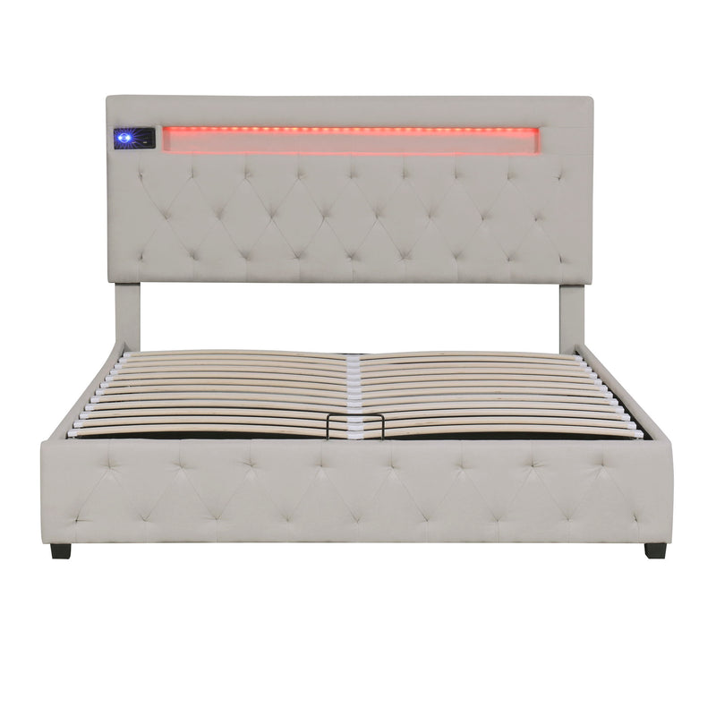 Queen Size Storage Upholstered Platform Bed, Adjustable Headboard Featured With Bluetooth Audio, Led Light And Usb Charging, Beige