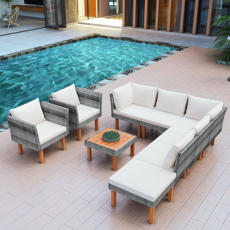 Go 9 Piece Outdoor Patio Garden Wicker Sofa Set, Gray Pe Rattan Sofa Set, With Wood Legs, Acacia Wood Tabletop, Armrest Chairs With Beige Cushions