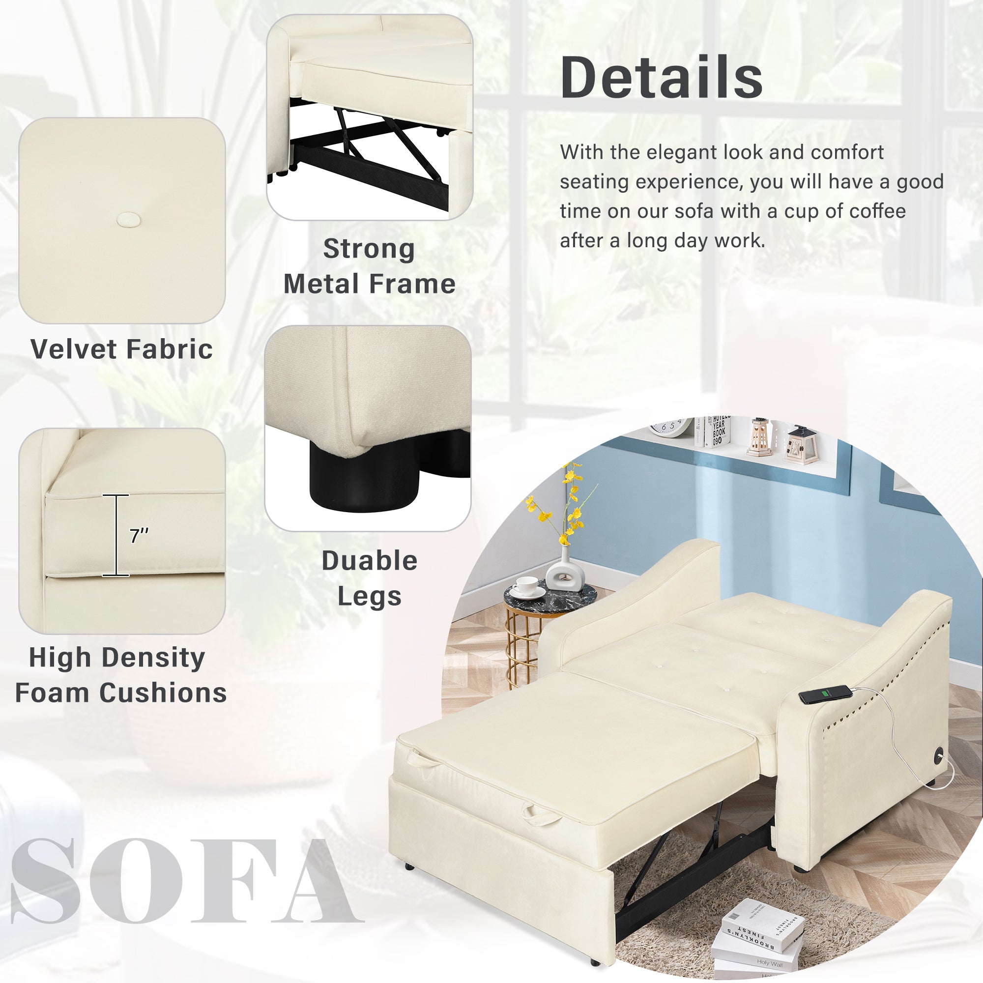 Orisfur. 50.6" Convertible Sleeper Bed, Adjustable Sofa Couch with Dual USB Ports for Living Room Space（Cream White） - Atlantic Fine Furniture Inc