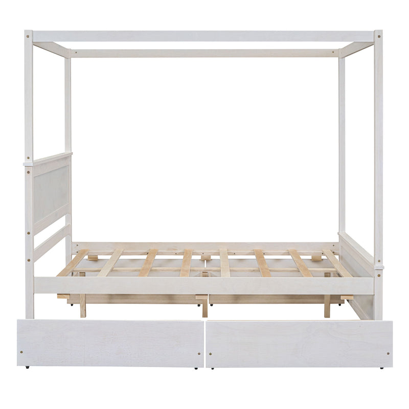 Wood Canopy Bed With Four Drawers, Full Size Canopy Platform Bed With Support Slats .No Box Spring Needed, Brushed White