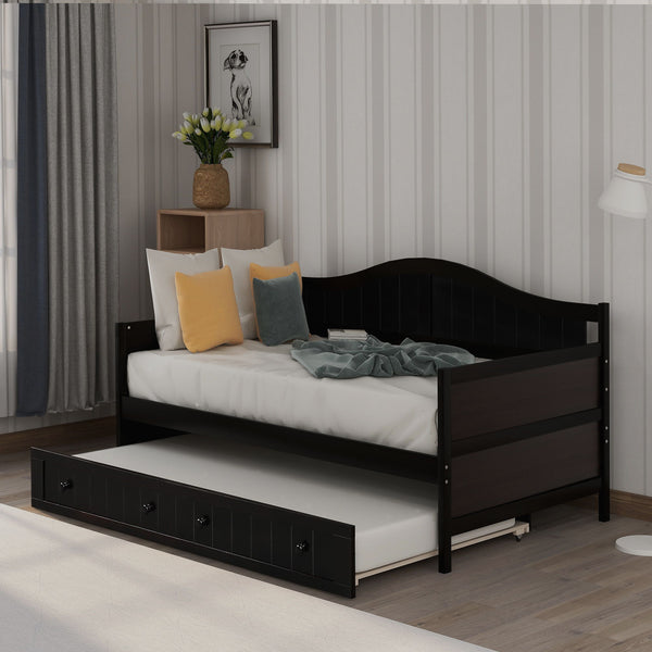 Twin Wooden Daybed With Trundle Bed, Sofa Bed For Bedroom Living Room - Espresso