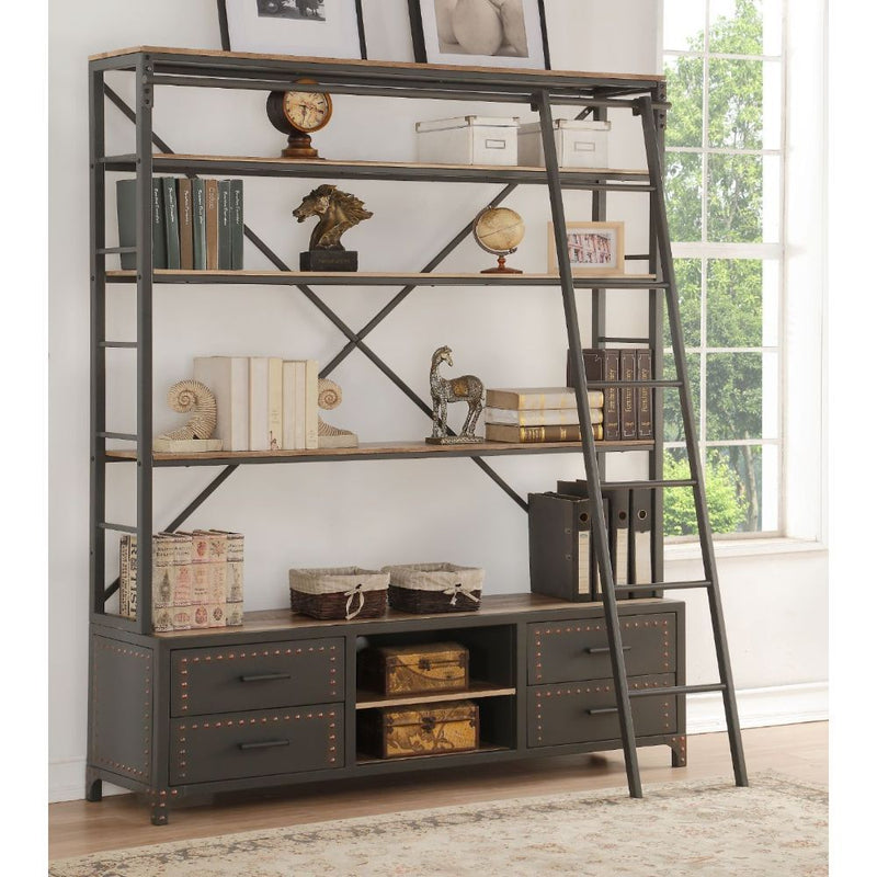 Depict the gentle flow of industrial modern decor with the Actaki bookshelf and ladder set. Industrial modern shelving unit with 4 drawers with Nailhead trim and 2 open shelves provide a unique storage and display to you room. Some assembly required.