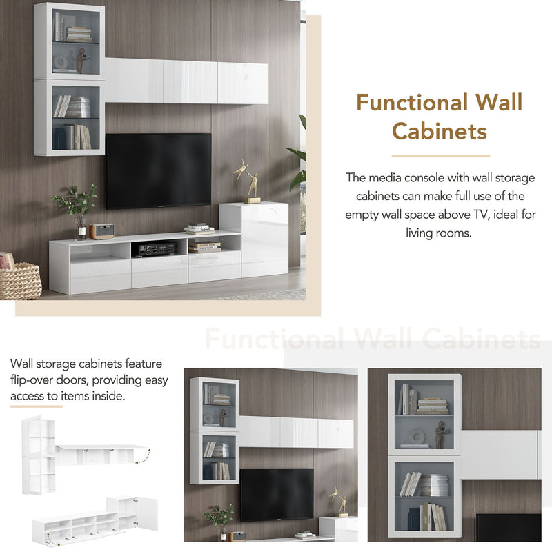 On-Trend High Gloss TV Stand With Ample Storage Space, Media Console For TVs Up To 75"es, Versatile Entertainment Center With Wall Mounted Floating Storage Cabinets For Living Room, White