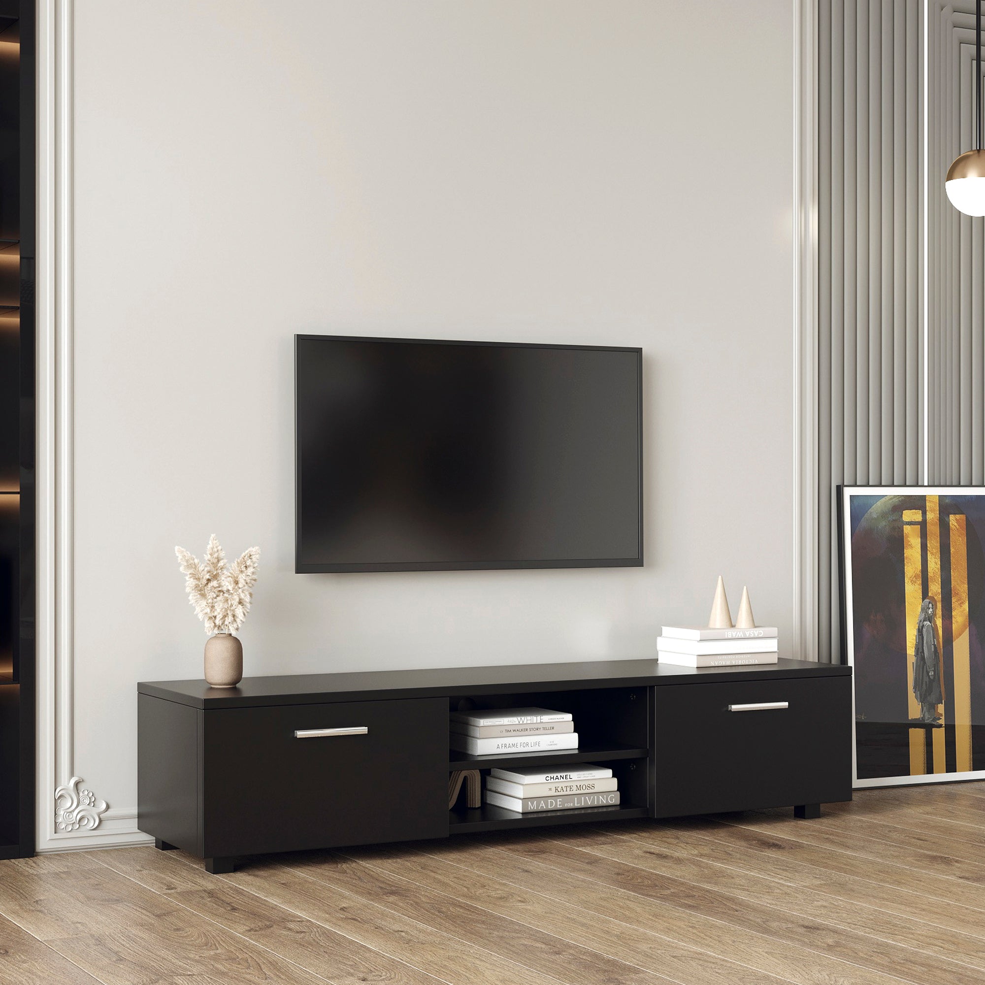 Black TV Stand for 70 Inch TV Stands, Media Console Entertainment Center Television Table, 2 Storage Cabinet with Open Shelves for Living Room Bedroom - Atlantic Fine Furniture Inc