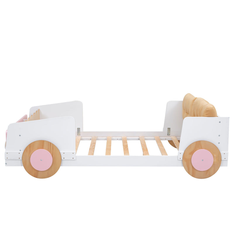 Full Size Car-Shaped Platform Bed With Soft Cushion And Shelves On The Footboard, White