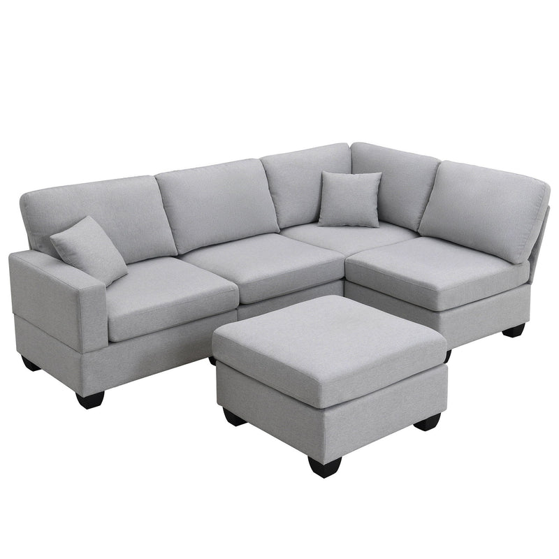 89.8*60.2" Modern Sectional Sofa, 5-Seat Modular Couch Set With Convertible Ottoman, L-Shape Linen Fabric Corner Couch Set With 2 Pillows For Living Room, Apartment