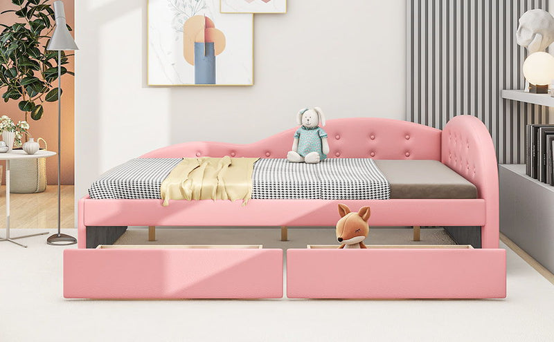 Full Size PU Upholstered Tufted Daybed With Two Drawers And Cloud Shaped Guardrail, Pink
