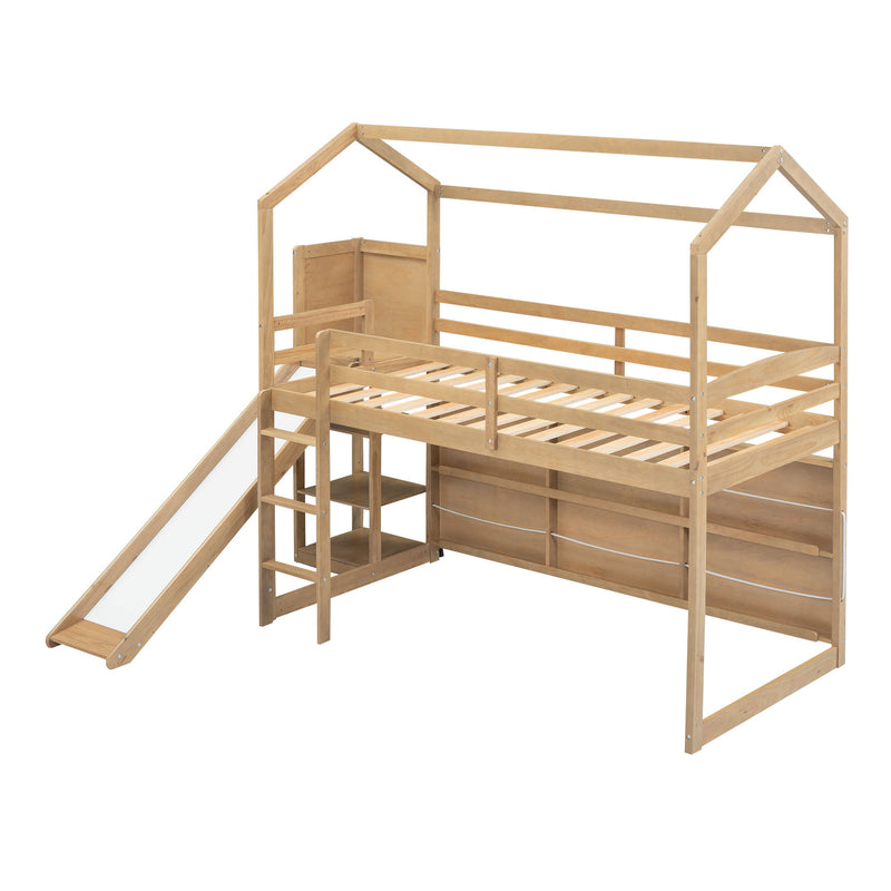 Twin Size Wood House Loft Bed With Slide, Storage Shelves And Light, Climbing Ramp, Wood Color