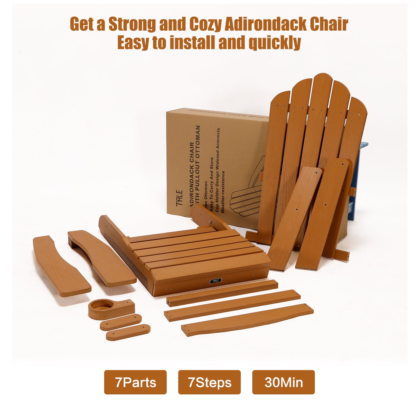 TALE Folding Adirondack Chair with Pullout Ottoman with Cup Holder, Oversized, Poly Lumber,  for Patio Deck Garden, Backyard Furniture, Easy to Install,BROWN. Banned from selling on Amazon - Atlantic Fine Furniture Inc