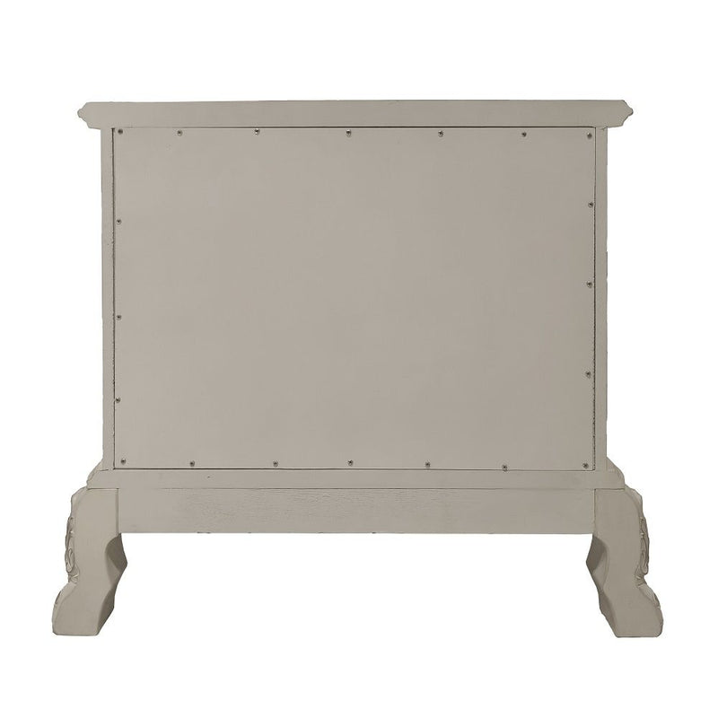 The Dresden Nightstand offers beautiful craftsmanship and artistic carvings. It features solid hardwood with two drawers for storage with coordinating carvings. The drawers feature dove tail construction and are decorated with antique brass hardware.