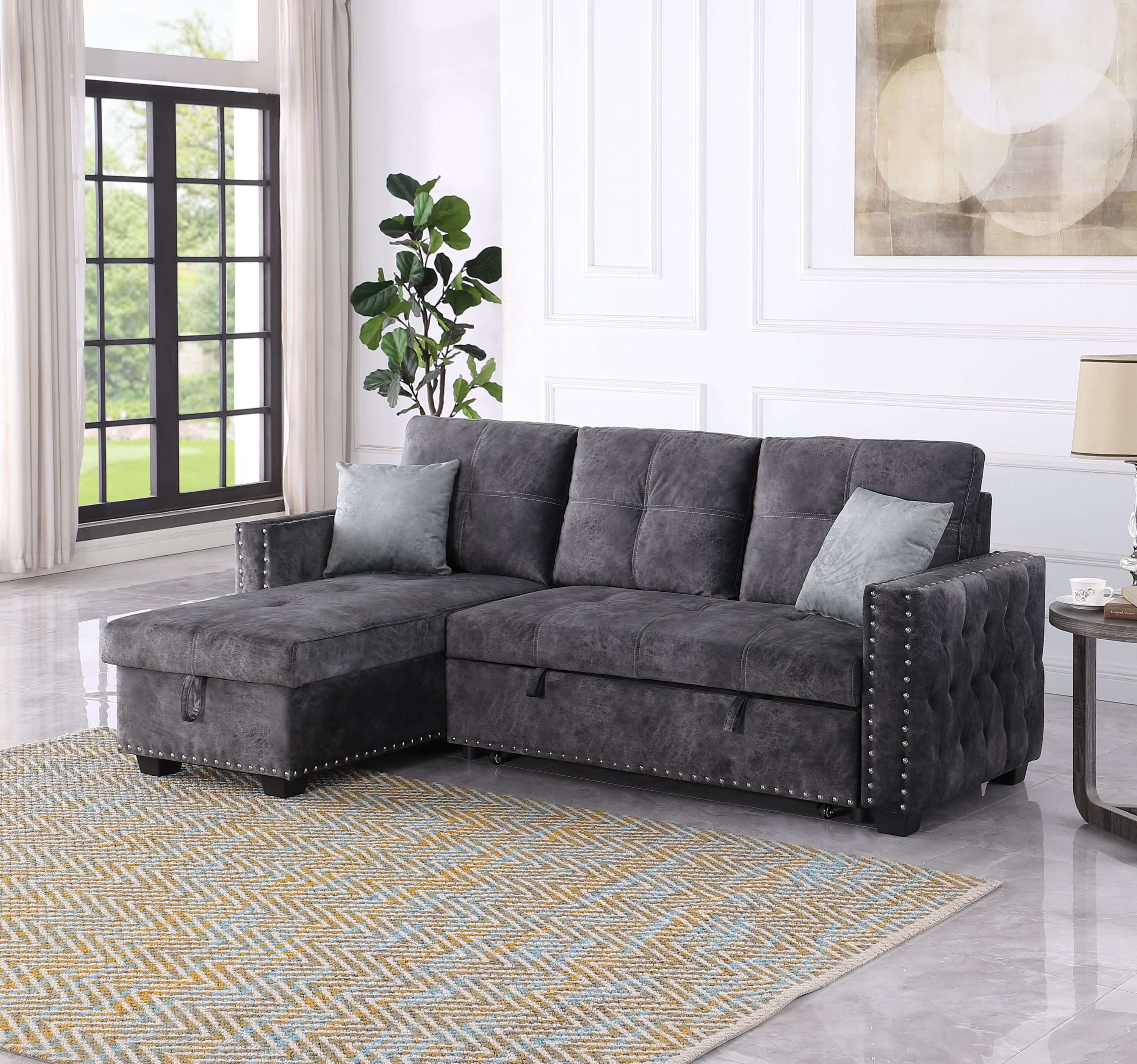 Reversible Sleeper Sectional Storage Sofa Bed,Corner Sofa-Bed With Storage,3 Seat Both Left Handed And Right Handed, Nailheaded - Atlantic Fine Furniture Inc