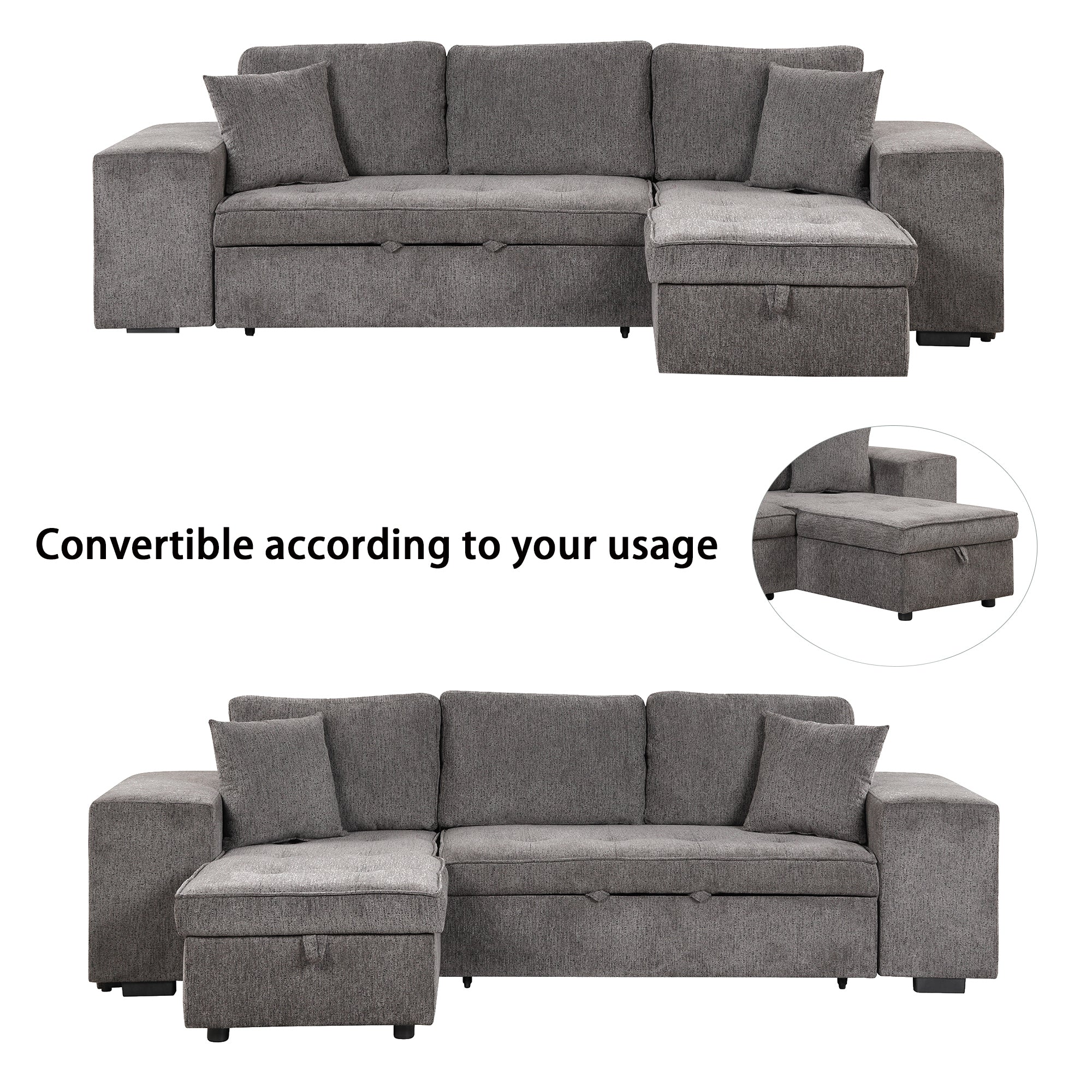 Orisfur. 104" L-Shape 3 Seat Reversible Sectional Couch, Pull Out Sleeper Sofa with Storage Chaise and 2 Stools for Living Room Furniture Set - Atlantic Fine Furniture Inc