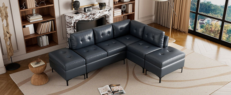 Shaped Corner Sofa PU Leather Sectional Sofa Couch With Movable Storage Ottomans For Living Room, Blue