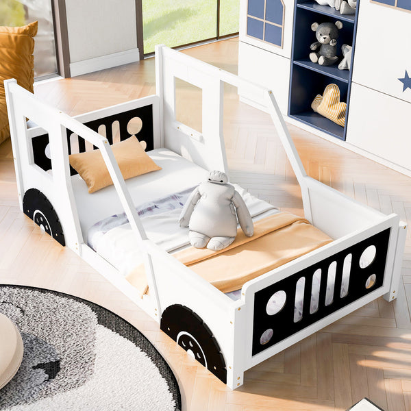 Twin Size Classic Car-Shaped Platform Bed With Wheels, White