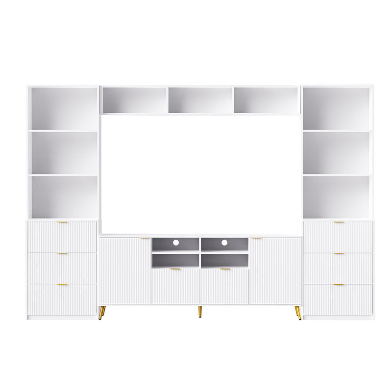 U - Can 4 Piece Entertainment Wall Unit With 13 Shelves, 8 Drawers And 2 Cabinets, Multifunctional TV Stand Media Storage Cabinet With Fluted Line Surface For Living Room, For TVs Up To 70"