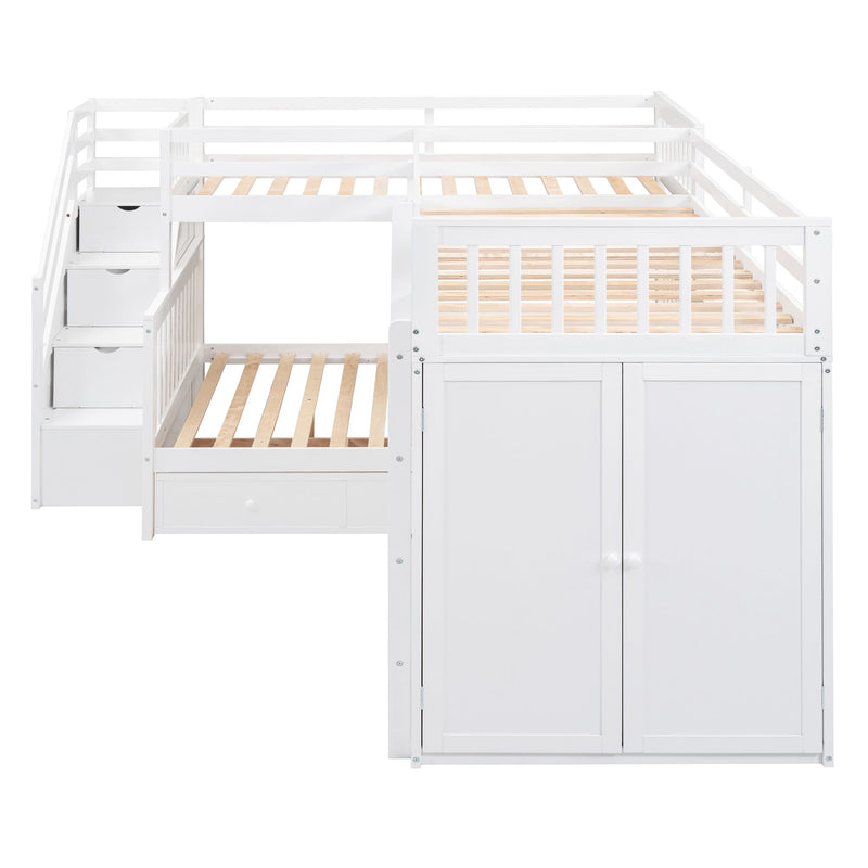 Twin-Twin Over Full L-Shaped Bunk Bed With 3 Drawers, Portable Desk And Wardrobe, White