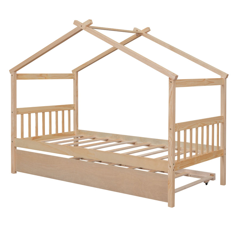 Twin Size Wooden House Bed With Twin Size Trundle - Natural