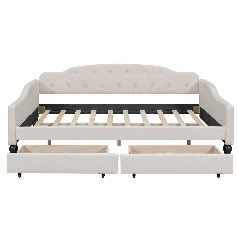 Full Size Upholstered Tufted Daybed With Two Drawers, Beige
