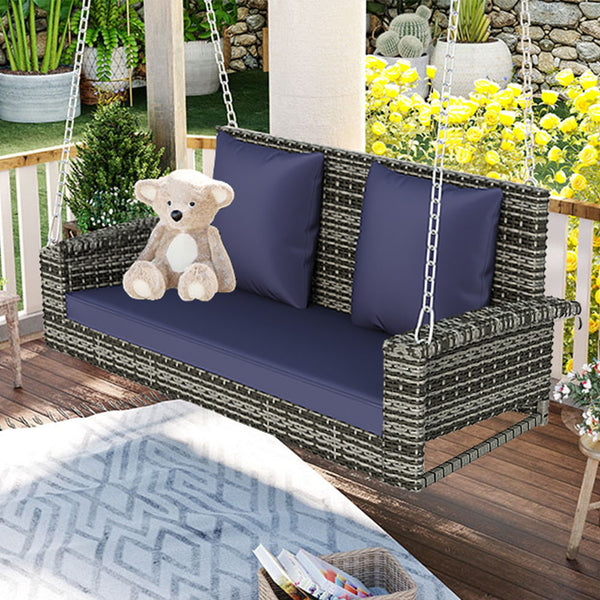 Go 2-Person Wicker Hanging Porch Swing With Chains, Cushion, Pillow, Rattan Swing Bench For Garden, Backyard, Pond. (Gray Wicker, Blue Cushion)