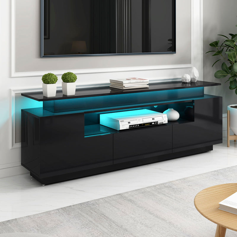 On Trend Modern, Stylish Functional TV Stand With Color Changing Led Lights, Universal Entertainment Center, High Gloss TV Cabinet For 75 / Inch Tv, Black