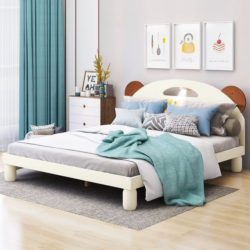 Full Size Platform Bed With Bear Ears Shaped Headboard And Led, Cream White