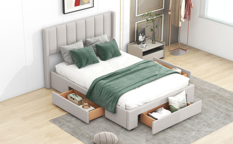 Full Size Upholstered Platform Bed With One Large Drawer In The Footboard And Drawer On Each Side, Beige