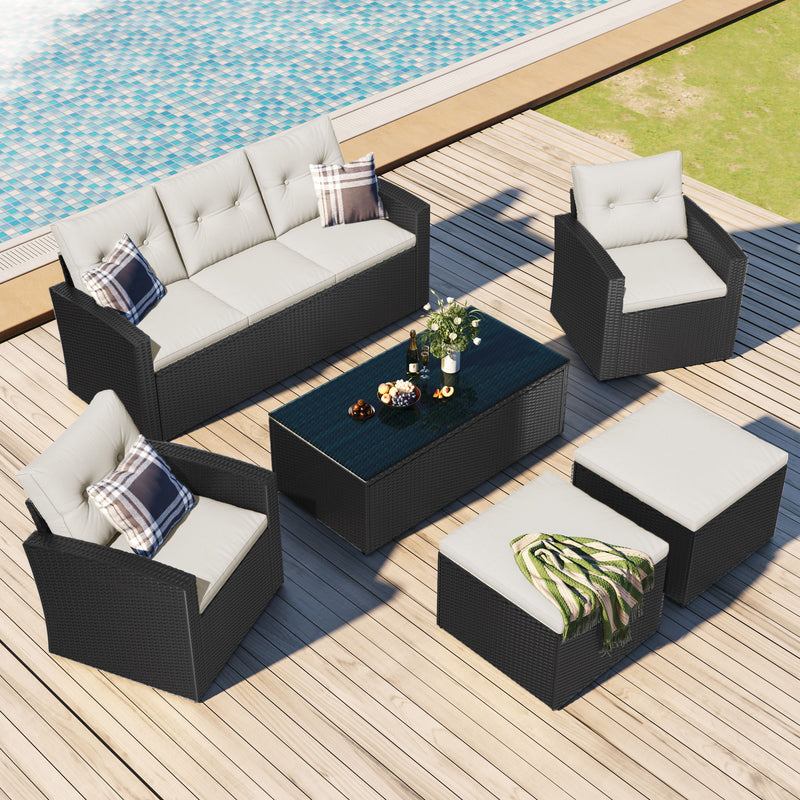 Go 6 Piece All Weather Wicker Pe Rattan Patio Outdoor Dining Conversation Sectional Set With Coffee Table, Wicker Sofas, Ottomans, Removable Cushions (Black Wicker, Beige Cushion)