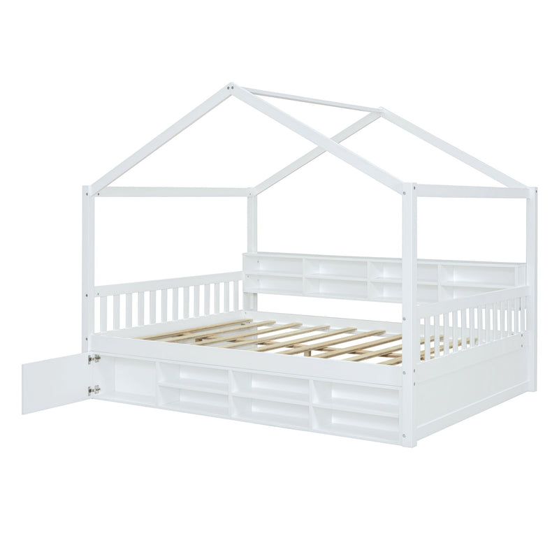 Full Size Wooden House Bed With Shelves And A Mini-Cabinet, White