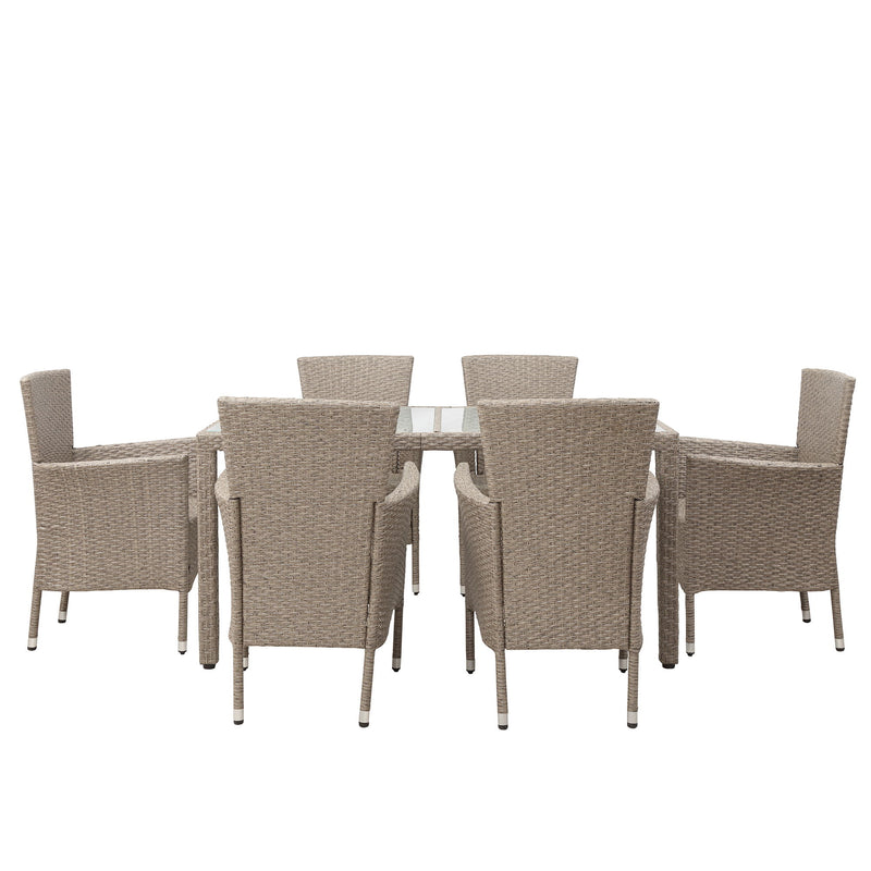 7 Piece Outdoor Wicker Dining Set - Patio Dinning Table Beige-Brown Wicker Furniture Seating (Beige Cushions)