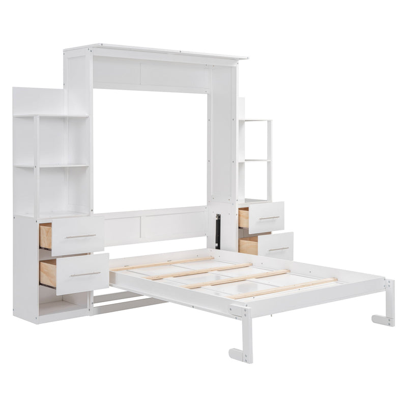 Full Size Murphy Bed Wall Bed With Shelves, Drawers And Led Lights, White