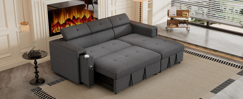 96" Multi-Functional Pull-Out Sofa Bed L - Shape Sectional Sofa With Adjustable Headrest, Wireless Charging, Cup Holders And Hidden Storage For Living Room, Bedroom, Office, Gray