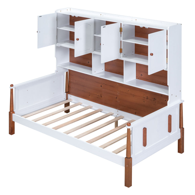Twin Size Platform Bed With Multiple Storage, White + Walnut